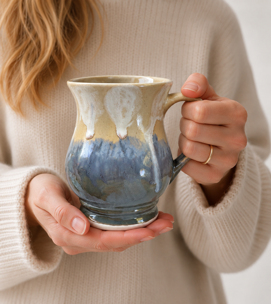 A person in a beige knit sweater holds a ceramic mug with a blue and beige glaze. The mug features a rounded body, a small handle, and a rustic dripping glaze design.