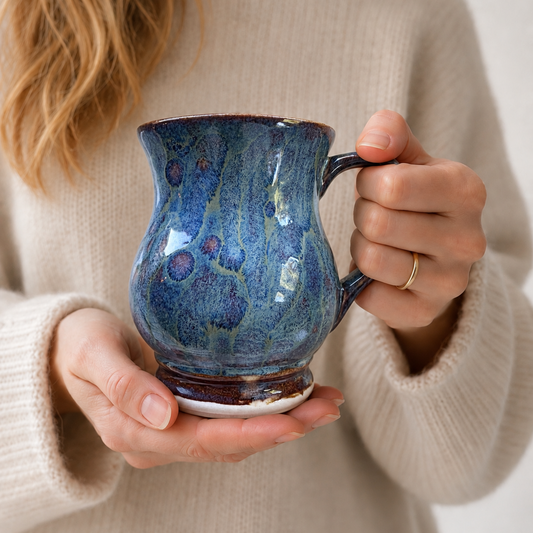 A person in a beige knit sweater holds a small ceramic mug with a blue and teal marbled glaze and a dark brown rim.